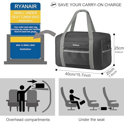 Bekahizar for Ryanair Airlines Cabin Bags 40x30x20 Underseat Holdall Travel Bag 20L Carry on Hand Luggage Weekend Bag with Shoulder Strap for Women and Men (Black) — view 3