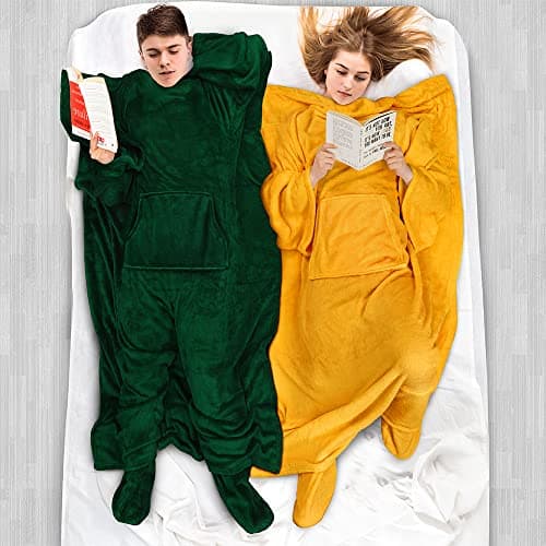 PAVILIA Fleece Blanket with Sleeves, Foot Pockets for Women Men Adults, Plush Wearable Blanket Throw Wrap, Warm Snuggle Blanket Robe, Cozy Gift Ideas Wife Mom, Mustard Yellow — view 5