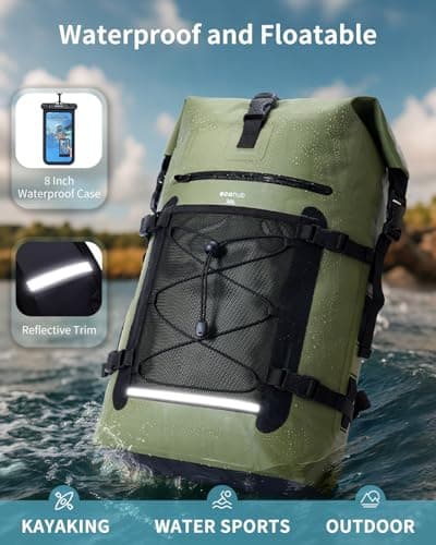 ECOHUB Waterproof Dry Bag Backpack, Roll Top Closure Heavy Duty Waterproof Backpack, Dry Bag Rucksack with IPX8 Waterproof Phone Case for Hiking, Kayaking, Boating, Camping, Fishing, 30L-Green — view 5