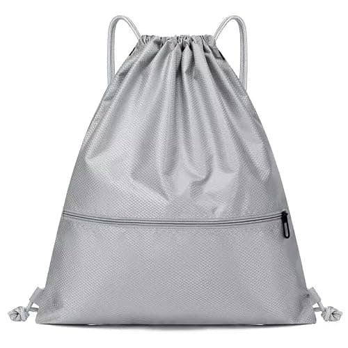 FATASH Large Drawstring PE Bag with Zipper Pocket, Waterproof Swimming & Gym Bag, Kids & Adult Unisex Design, Rucksack For School, Outdoor, Sports & Travel Silver