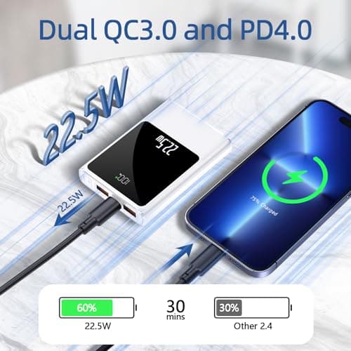 10000mAh Small Power Bank Fast Charging, 22.5W Mini USB C Portable Charger with Battery Pack Compact External Battery Bank for iPhone Samsung Heated Gilet Vest Jacket Scarf (White) — view 2