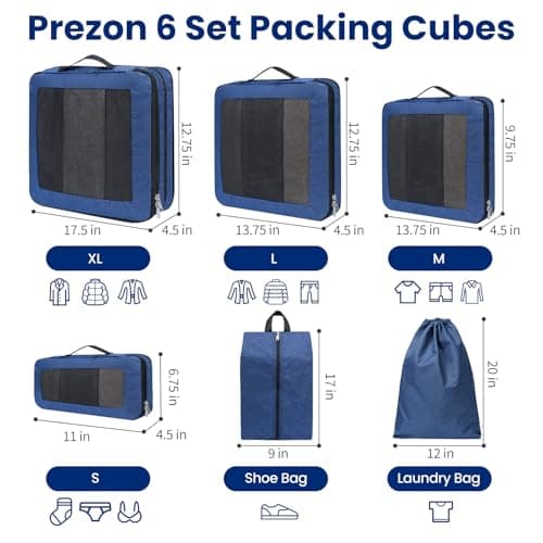 Prezon Compression Packing Cubes for Carry on Luggage, Full Open & Mesh Visible Design, 6 Set Expandable Travel Packing Organizer with Laundry Bag and Shoe bag for Vacation, Camping, Business — view 3