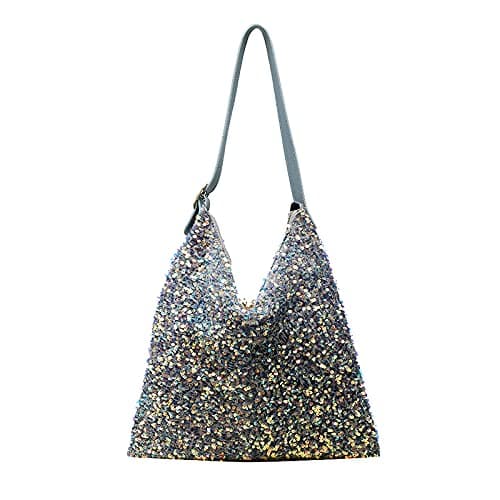 Women Girls Glitter Sequin Shoulder Tote Bag Large Capacity Shiny Shopping Bag Pouch Travel Daily Purse