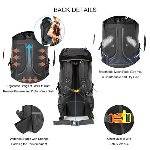 NACATIN Hiking Backpack, 60L Large Rucksack for Men Women, Tear and Water-resistant Ideal for Camping Trekking Travel Outdoor (Black) — view 3