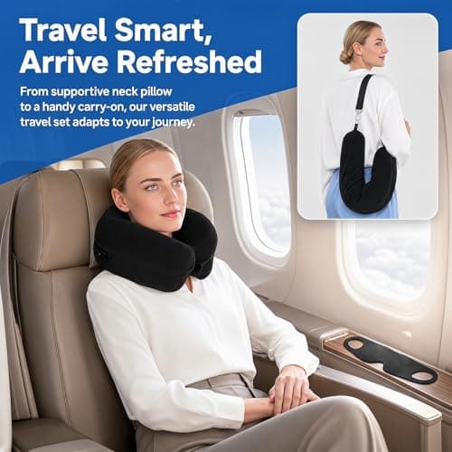 Binmiza Stuffable Neck Pillow for Travel, Travel Neck Pillows with Adjustable Strap & Sleep Mask, Fillable Travel Pillow with Clothes for Airplane Train Camping (Black) — view 3