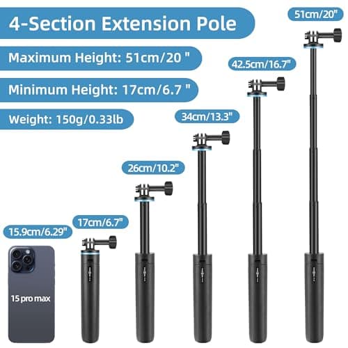 20"/51cm Mini Selfie Stick Tripod for DJI Osmo Pocket 4P/4/3, GoPro Hero 13/12/11/10/Max2, DJI Action 6/5 Pro/4, 2-in-1 Desk Tripod Stand w Extension Pole/Travel Volg Hand Grip/Accessories — view 3