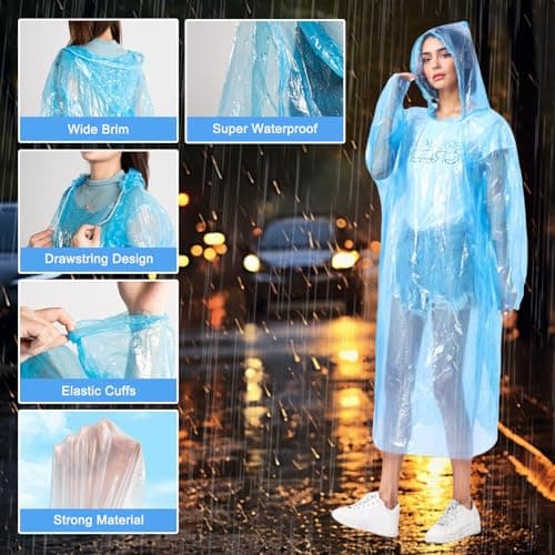flintronic 6 Pack Waterproof Rain Ponchos Adult, Portable Clear Raincoats for Women and Men, Emergency Raincoats Adult with Hood for Outdoor Concert, Camping, Hiking — view 4