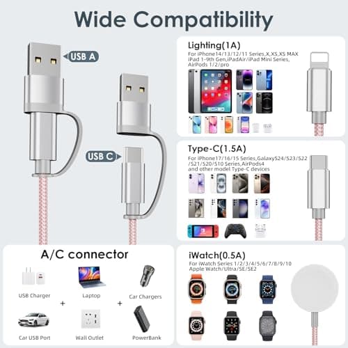 Travel Essentials for Phone Charger,3 in 2Multi Charger Cable Cord-Pink — view 4