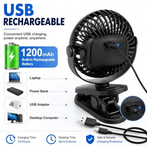 2 Pack USB Rechargeable Clip On Desk Fan, Portable Mini Cooling Fan with 3 Speed Settings, 360° Adjustable Head, Strong Clamp, Quiet Personal Fan for Office, Bedroom, Baby Stroller, Camping, Black — view 5