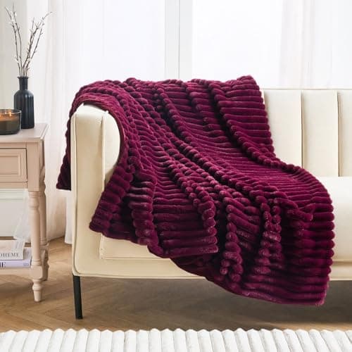 OHS Faux Ribbed Fleece Throw Blanket for Sofa, Soft Cosy Warm Winter Thick Fleece Blanket Over Bed Decorative Fluffy Single Bed Throws Gifts for Women Girls, Burgundy - 125 x 150cm — view 2