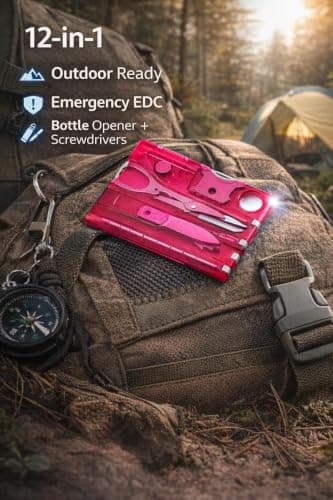 12-in-1 Credit Card Multi Tool, Pocket Survival Tool Kit with Screwdriver, Scissors, Tweezers, Ruler & Bottle Opener, Wallet Size EDC Multitool Gift for Men Dad, Red — view 5