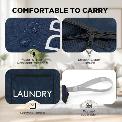 2 Packs Laundry Bags, Foldable Dirty Clothes Travel Laundry bag with Zipper, Washable Wet & Dry Organizer for Gym, Swimming, Yoga, Workout & Swimsuits (Navy Blue(Small+ Large)) — view 2
