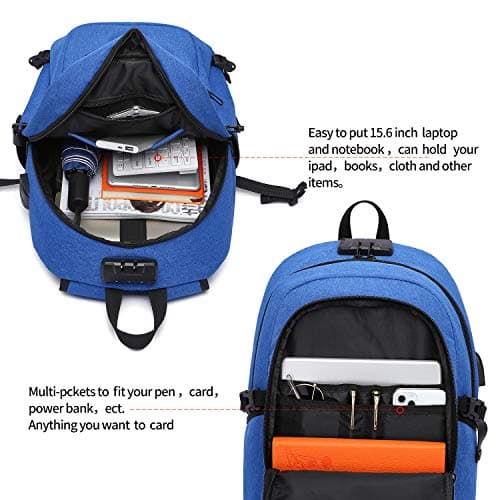 WENIG Anti-Theft Laptop Backpack,15.6Inch Business Travel Backpack Bag with Lock with USB Charging, Water Resistant College School Computer Rucksack Work Backpack Gift for Mens Womens Blue — view 5