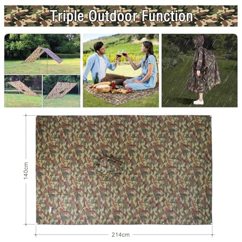 Azeekoom Rain Jacket Rain Poncho, Raincoat Waterproof Unisex Camping Tent Camping Blanket 3-in-1 Multifunctional Rain Cape for Outdoor Picnic Trekking Camping Fishing Hunting Trip(Camouflage) — view 3