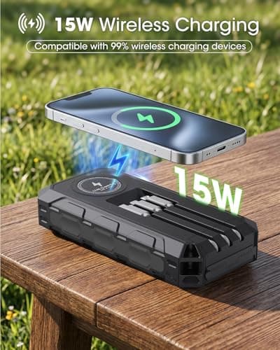 Solar Power Bank 20000mAh Built-in 3 Cables, Wireless Portable Charger 20W Fast Charging Battery Pack with USB C, Flashlight, Solar Charger for iPhone 17 16 Pad Galaxy Tablet Camping Travel (Black) — view 3