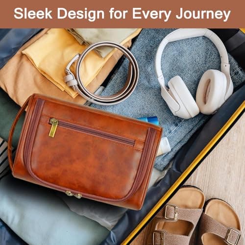 Leather Toiletry Bag Mens Wash Bag with 3 Compartments - Travel Toiletry Bag for Gym & Shaving, Small Washbag for Men, Perfect Travel Gifts for Men — view 6