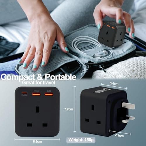 Unidapt Plug Extension Socket, 3 Fast USB Charge Ports, Black — view 6