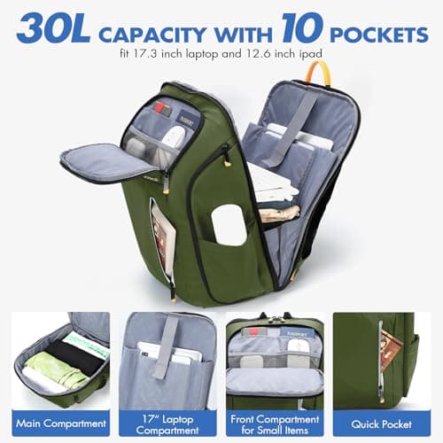 Ponhog Mens Backpack - 30L Large Capacity Laptop Rucksack for Men, 17.3 Inch Anti-Theft Business Bag with USB Port & Multiple Pockets, Durable 900D Nylon for Work/Travel/College, Green — view 2