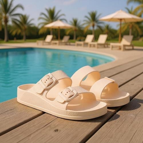 VIVASHOES Women’s Double Buckle EVA Sandals – Lightweight Waterproof Adjustable Slides with Arch Support for Summer, Beach, Pool & Daily Wear – True to Size Good for Wide Fit – Cream 6 — view 4