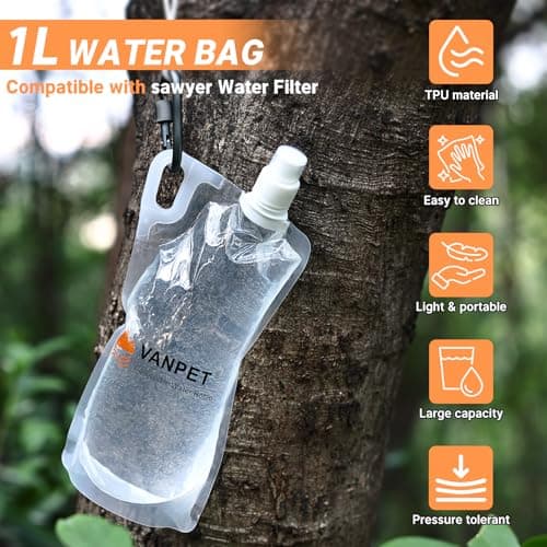 VANPET 1L Hiking Collapsible Water Bottles, 33OZ BPA-Free Plastic Flasks, Reusable Drink Bags, Foldable Backpacking Water Bottle for Travel Camping Hiking (2-Pack) — view 2
