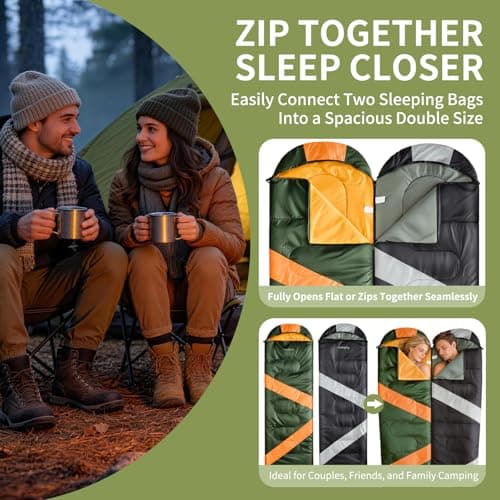 WakeSpring 3-Season Sleeping Bag for Camping - Windproof & Water-Repellent (170T Shell) - 1.2kg Lightweight & Portable - Zip-Together Double Size for Couples & Families (Army Green) — view 2