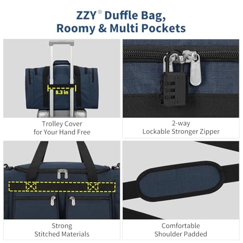 ZZY Men's 40L Gym Bag Sports Duffle with Lockable Zipper, 20-Inch Holdall for Fitness, Workout, Travel, Weekend Overnight Bag (Navy Blue) — view 5