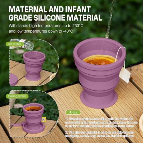 2 Pack Silicone Collapsible Travel Cup,Foldable Camping & Collapsible Coffee Cup,Expandable Silicone Drinking Mug with Lid,BPA Free Portable Pocket Cup for Hiking Travel Outdoor (Dark purple) — view 5