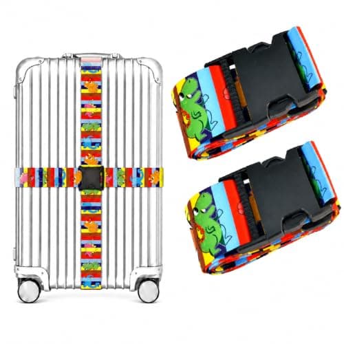 Luggage Straps for Suitcases 2 Pack, Adjustable Suitcase Belt 106–196 cm, Bright Pattern Travel Luggage Strap for Easy Identification, Heavy Duty Polyester with Quick Release Buckle (Dino Junior)