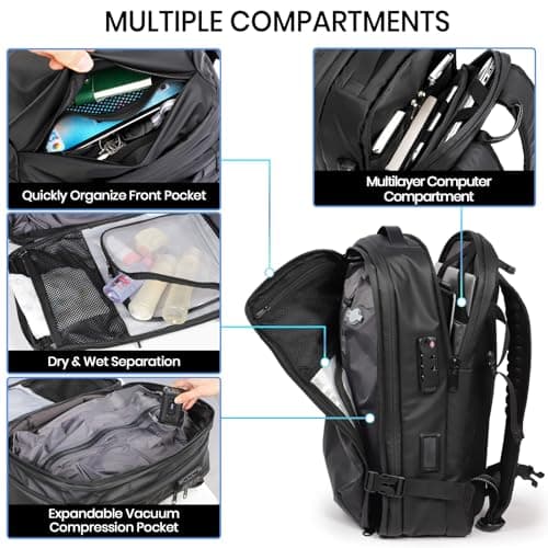 H.yeed Vacuum Backpack Travel Bag with Pump, Expandable 60L Travel Rucksack with USB/Type-C Charging Port&TSA Lock, Waterproof Lightweight Business Laptop Backpack, Fits 17.3 Inch Laptop-Black — view 3