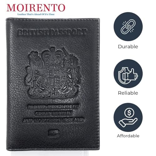MOIRENTO UK Leather Passport Cover - British RFID Blocking Holders Genuine Navy Blue Wallet Passport Travel Wallet Men Women, Black Nappa — view 4