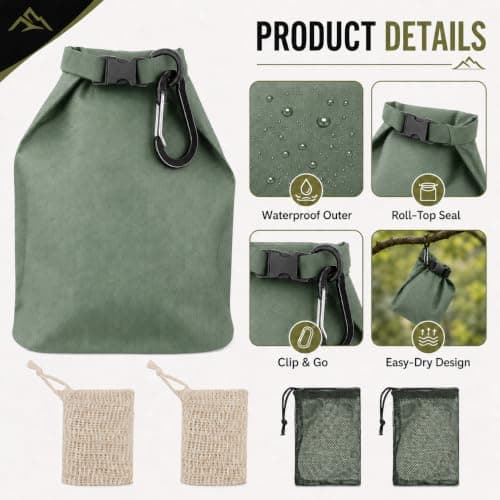 lafo Travel Soap Bag Waterproof Leakproof Soap Case with Soap Lathering Bag and Carabiner, Portable Sealed Storage Bag Quick Dry Soap for Travel, Camping, Outdoor (Green) — view 5