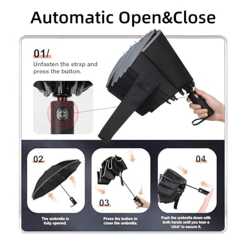 ZephaGuard Inverted Umbrella Travel Umbrella Windproof Strong, Automatic Umbrellas for wind rain, Auto Open Close, 10 Rib Durable Frame for Women Men, Sun & Strong Wind Protection (Black) — view 3