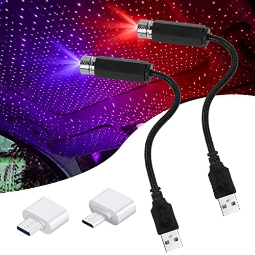URAQT USB Atmosphere Lights, 2 PCs Adjustable LED Car Interior Mini Star Night Light Projector with Port, Romantic Decorative Roof for Car/Home/Party (Red and Blue Purple) (U4-2PCCZXKD221231-FBA)