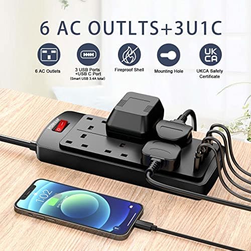 POWSAF 6 Way Extension Lead with 4 USB Slots (3.4A, 1 Type C and 3 USB-A Ports),Power Strip Extension Cord with 6 Plug Extension Socket and 2M Extension Cable for Home Office Travel,Black — view 4