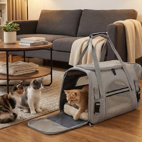 Cat Carrier - Portable Soft Sided Pets Dog Travel Carriers with Water Bowl, Portable Foldable Cat Bag with Cozy Mat & Shoulder Strap Multi-Entrance Mesh Window for Small-Medium Cats Dogs Puppies, Grey — view 3