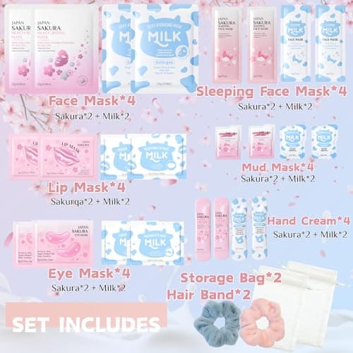 28PCS Sleepover Spa Party Supplies Set – Sakura & Milk Skin Care Set for Teenager Girl Gift - Travel Kits Gift Packs with Face Masks, Lip & Eye Masks, Hand Cream — view 2