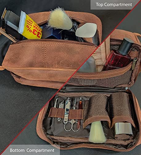 Leather Toiletry Bag for Men - Full Grain Leather Wash Bag - Travel Shaving Dopp Kit Toiletries Organizer - Cosmetic Makeup Bag for Women — view 3