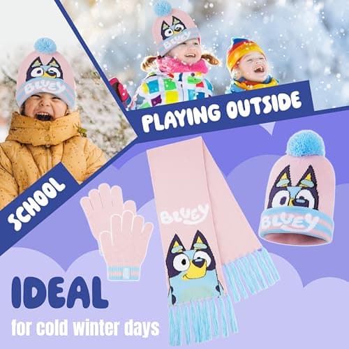 Bluey Girls Winter Accessories Set Cosy Warm Knit Hat Scarf & Kids Gloves or Beanie & Gloves School Travel, Kids Gifts (Pink Bluey 3 Pcs, 3-9 Years) — view 4