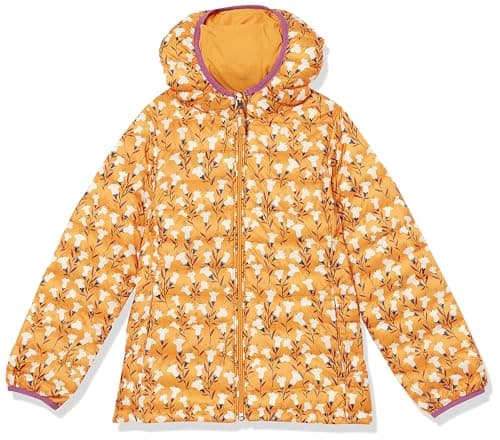 Amazon Essentials Girls' Lightweight Water-Resistant Packable Hooded Puffer Jacket, Yellow Floral, 2 Years