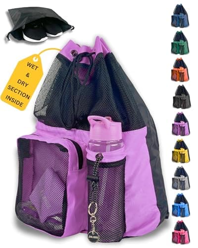 JIMJOOS Drawstring Mesh Swimming Bag - 25L Waterproof Swim Bag with Wet/Dry Compartment, Multifunctional Sports Backpack for Kids, Adults, Swimming, Surfing, Beach, Gym (Purple)