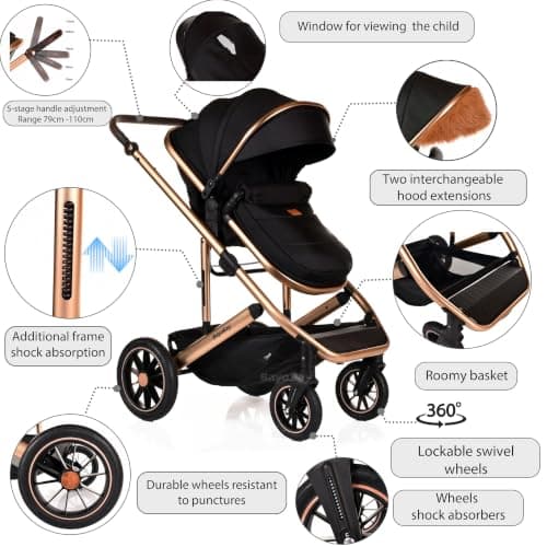 Baby Pram & Pushchair Travel System 3 in1 with Car Seat - Lightweight Folding Buggy Stroller for Newborns 0-36 Months (Black Gold - Lite Frame & Swap Canopy (Fur & Plain)) — view 4