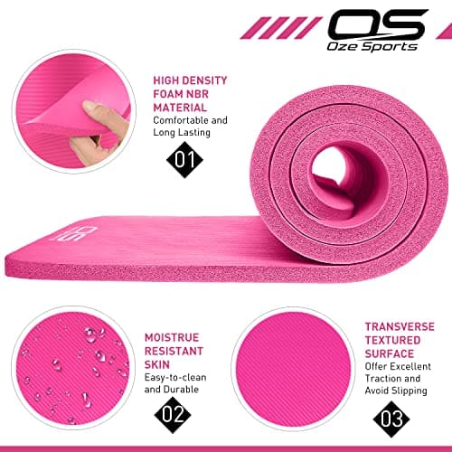 OZE SPORTS Yoga Mat, NBR Foam, Extra Thick, Non-Slip, High Density, Large, for Pilates, Gymnastics, HiiT and Fitness, with Carry Strap (Pink) — view 3