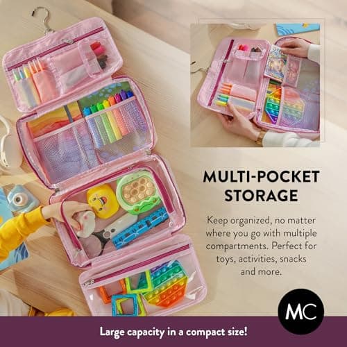 Kids Travel Organizer – Multi-Compartment, Water-Resistant Hanging Bag for Toys, Snacks, & Activities - Compact, Lightweight Design with Hook & Carry Handle - Perfect for Travel Use (Pink, Large) — view 4