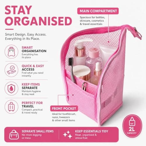 Stand Up Travel Toiletry Bag, Waterproof Standing Cosmetic Organiser Pouch with Makeup Brush Holder, Portable Travel Toiletry Bag for Bathroom, Holiday & Trip Essentials Storage — view 4