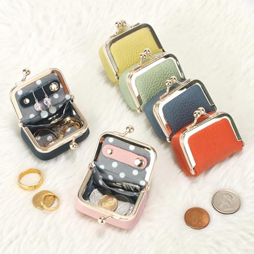 Nefokfdus Genuine Leather Mini Jewelry Box Coin Purse for Women,Solid Color Kiss Lock Jewelry Case Organizer,Mini Travel Ring Box, Pink, Pouch — view 6