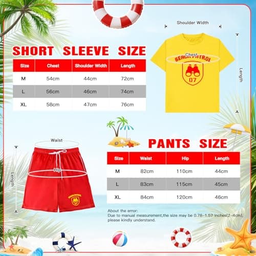 8Pcs Lifeguard Costume Set, Baywatch Costume Include T-shirt Shorts Hat Fanny Pack Whistle Wristband Inflatable Float Prop Life Guard Fancy Dress for Men Women Pool Party, Festival, Cosplay Events — view 3