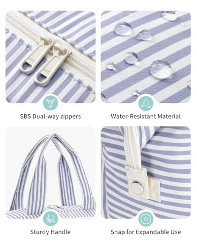 Narwey Large Toiletry Bag, Travel Toiletries Bags for Women, Wash Bag Women, Wide Open Makeup Bag with Brush Compartments, Make Up Organizer with Wet Pockets for Essentials (Grayish Blue Stripe) — view 6