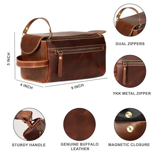 KomalC Premium Buffalo Leather Toiletry Bag for Men & Women With Water resistant Lining, Grooming Travel Pouch, Unisex Wash Bag for Toiletries, Gifts for Men and Women, Distressed Orange Tan, Unisex — view 6