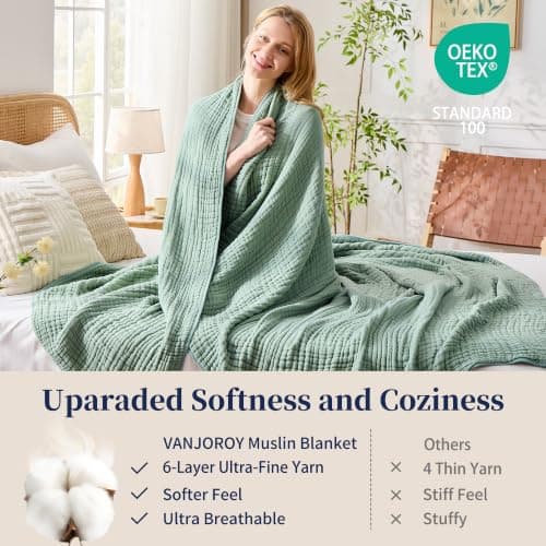 VANJOROY 100% Natural Cotton Throw Blanket, 6-Layer Muslin Organic Soft Cozy Lightweight Large Bed Throw for Sofa and Armchair - All Season Gauze Blanket,Green-130x150cm — view 5