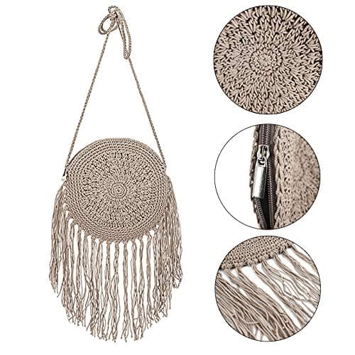 Millya Fringe Tassel Crossbody Shoulder Bag Straw Woven Handmade Boho Beach Travel Handbag for Women (03878 Grey) — view 6